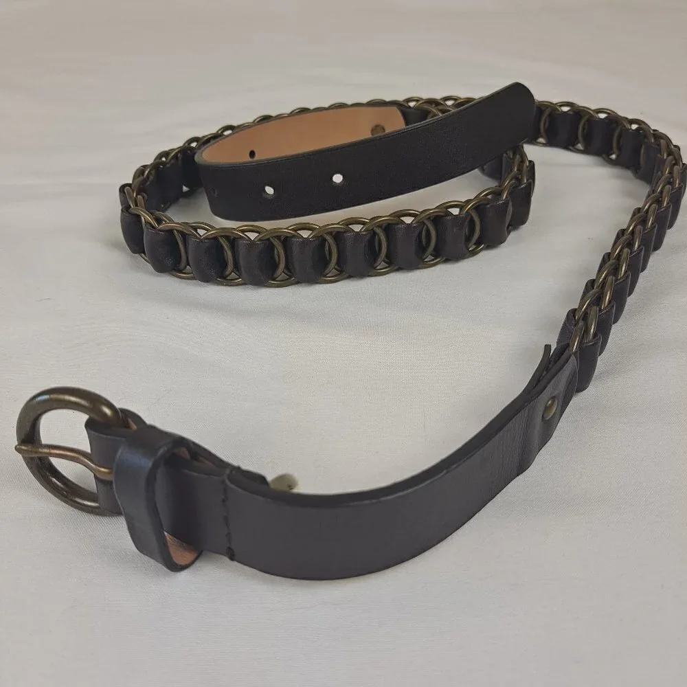 Talbots Size Large Brown Leather and Metal Ring Woven Belt Brass Toned Hardware